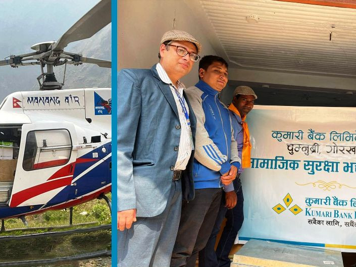 कुमारी बैंकले हेलिकोप्टर चार्टर गरेर विकट गाउँपालिकामा पुर्‍यायो वृद्धभत्ता